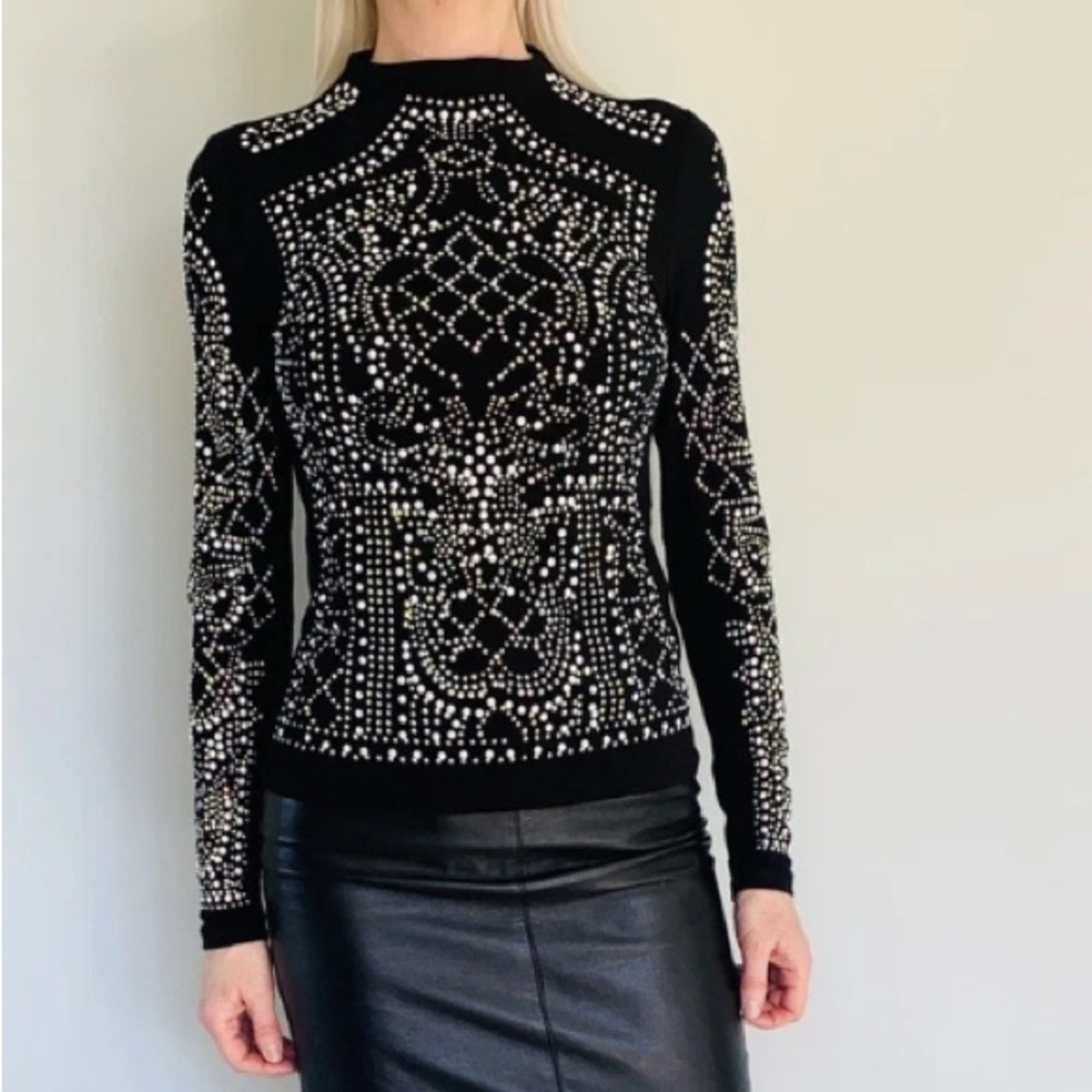 🔥 XTAREN Black Rhinestone and Beaded Top Bling Mess Mock Neck Top Size S - Picture 3 of 9